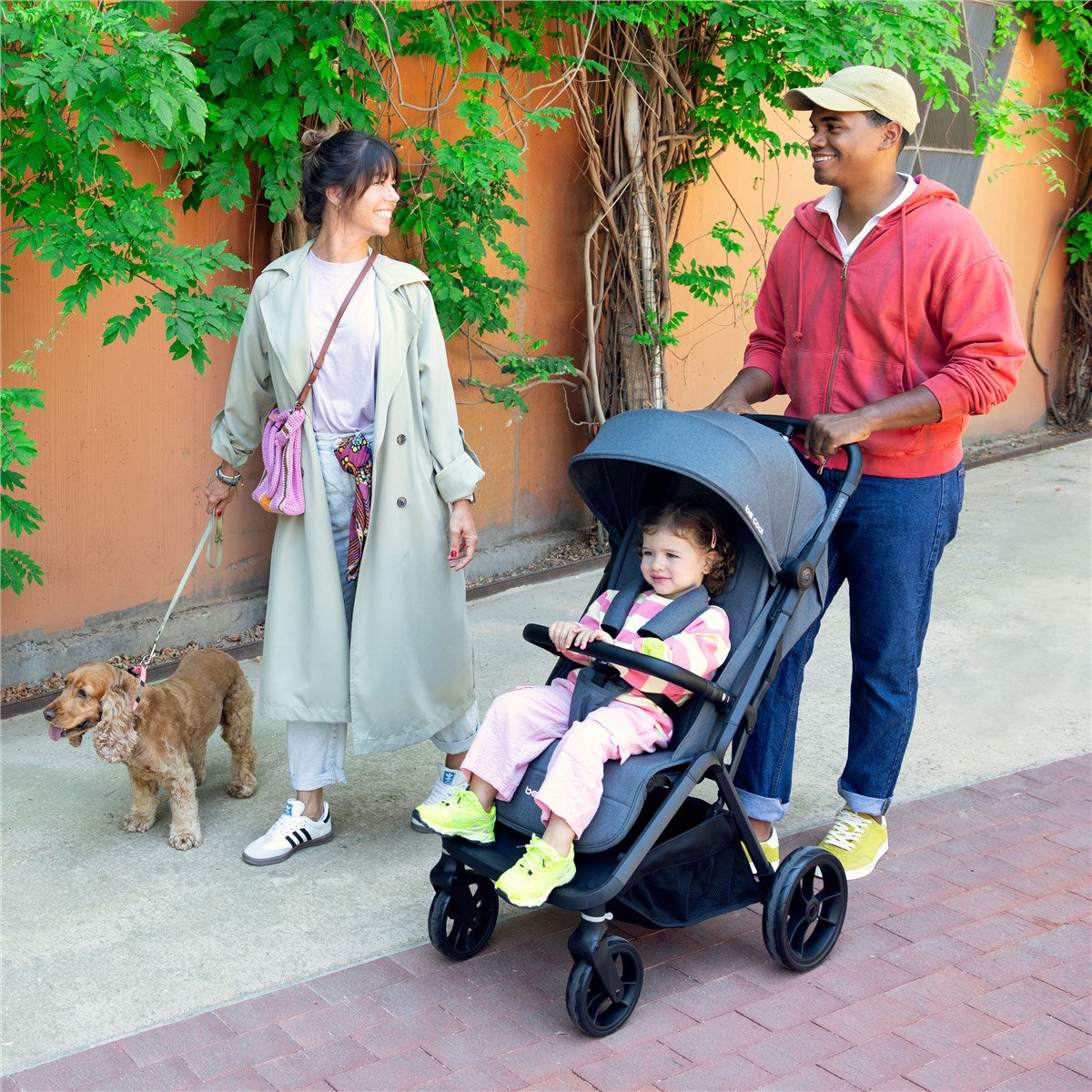 Family with a child in a stroller walking outdoors with a dog on a leash.