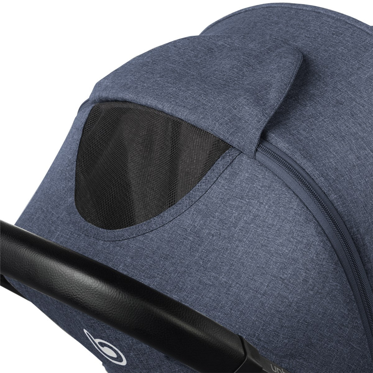 Close-up of a blue baby stroller canopy with a black mesh window on a white background.