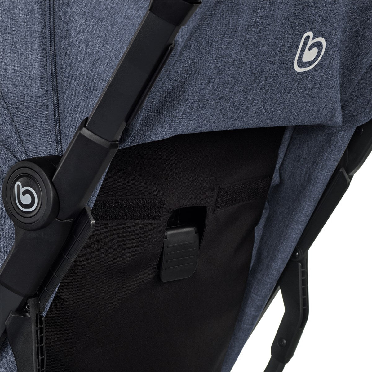 Close-up of a blue stroller with a black strap and visible brand logo on a white background