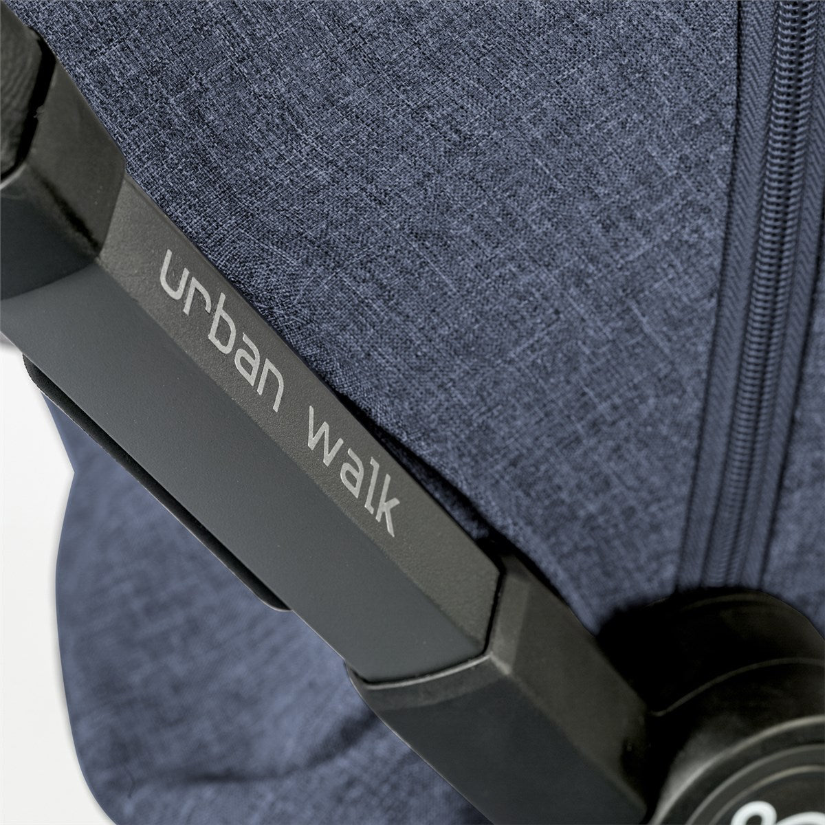 Close-up of a blue stroller with 'urban walk' branding on a white background