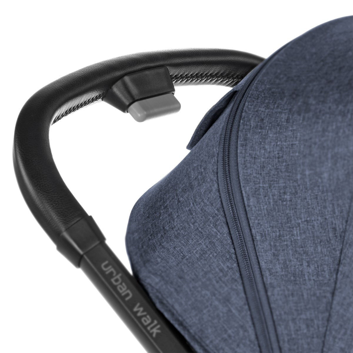 Close-up of a blue stroller seat with a black handle, featuring 'urban walk' branding.