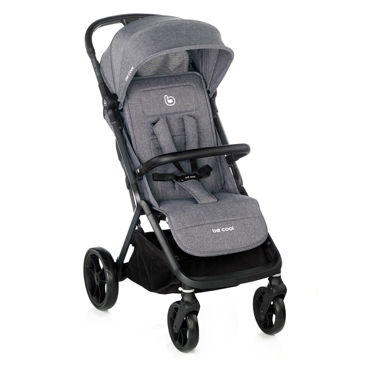 Gray stroller with black frame on a white background