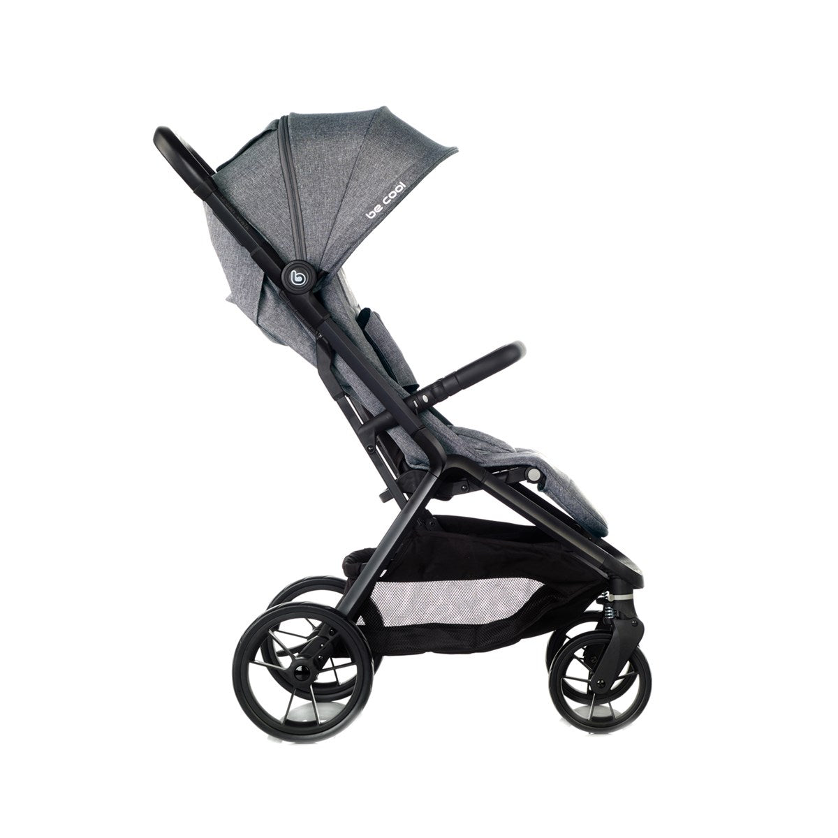 Gray stroller with black frame on a white background