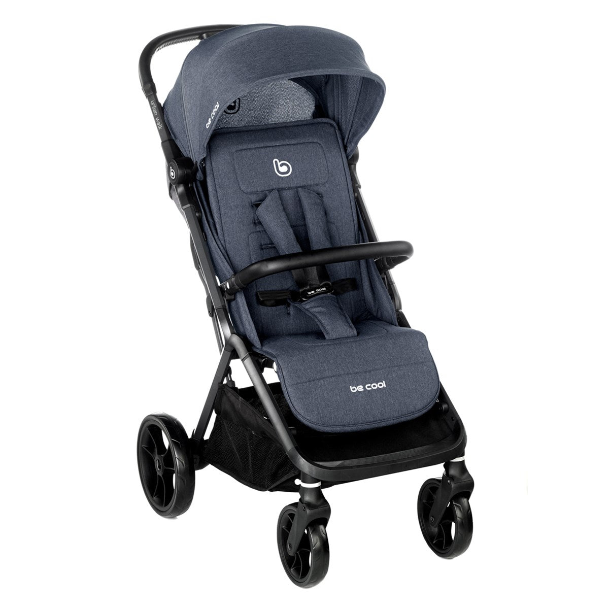 Navy blue stroller with black wheels on a white background