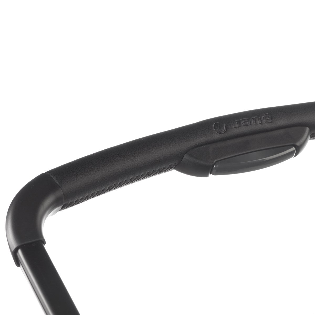 Close-up of a black handlebar with 'Jensen' branding on a white background