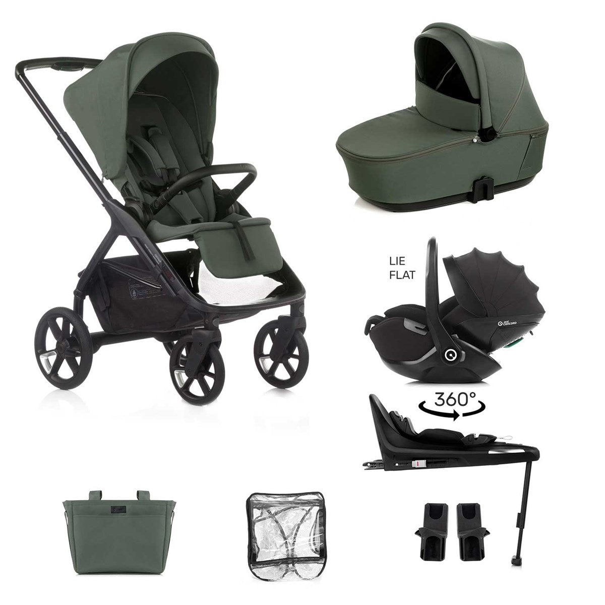 Collage of a grey and black stroller with accessories on a white background