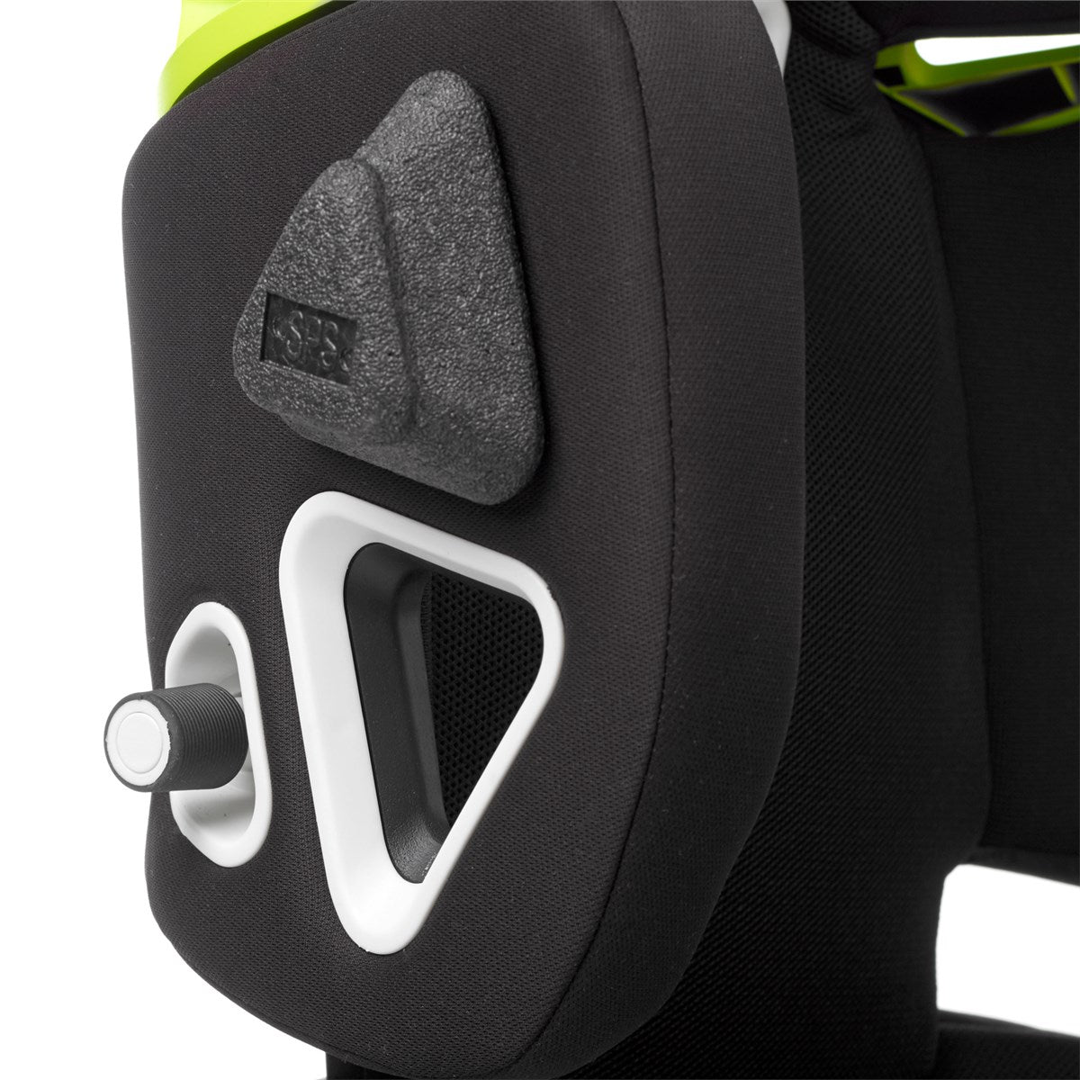 Close-up of a car seat with a gray cushion and white adjustment knob on a white background