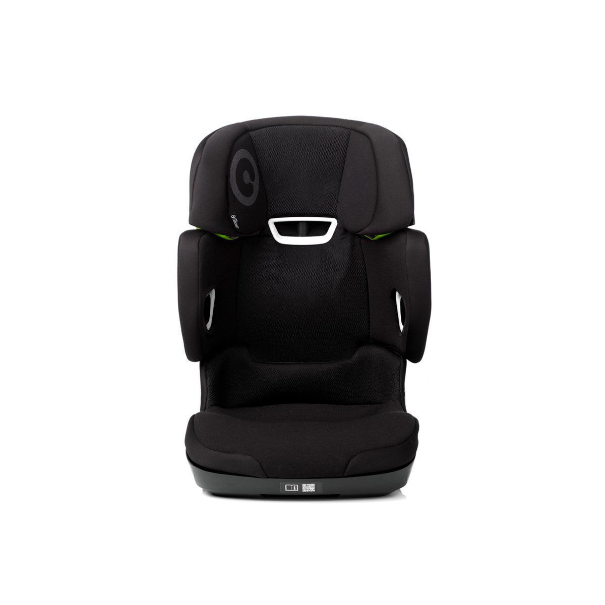 Black car seat with a white logo on a white background