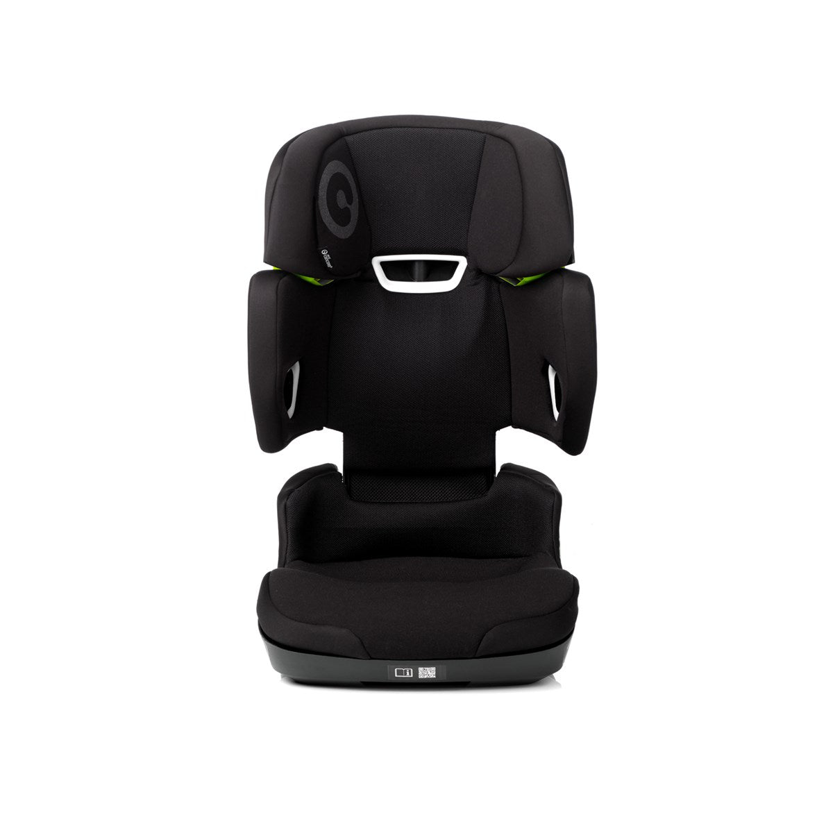 Black car seat with green accents on a white background