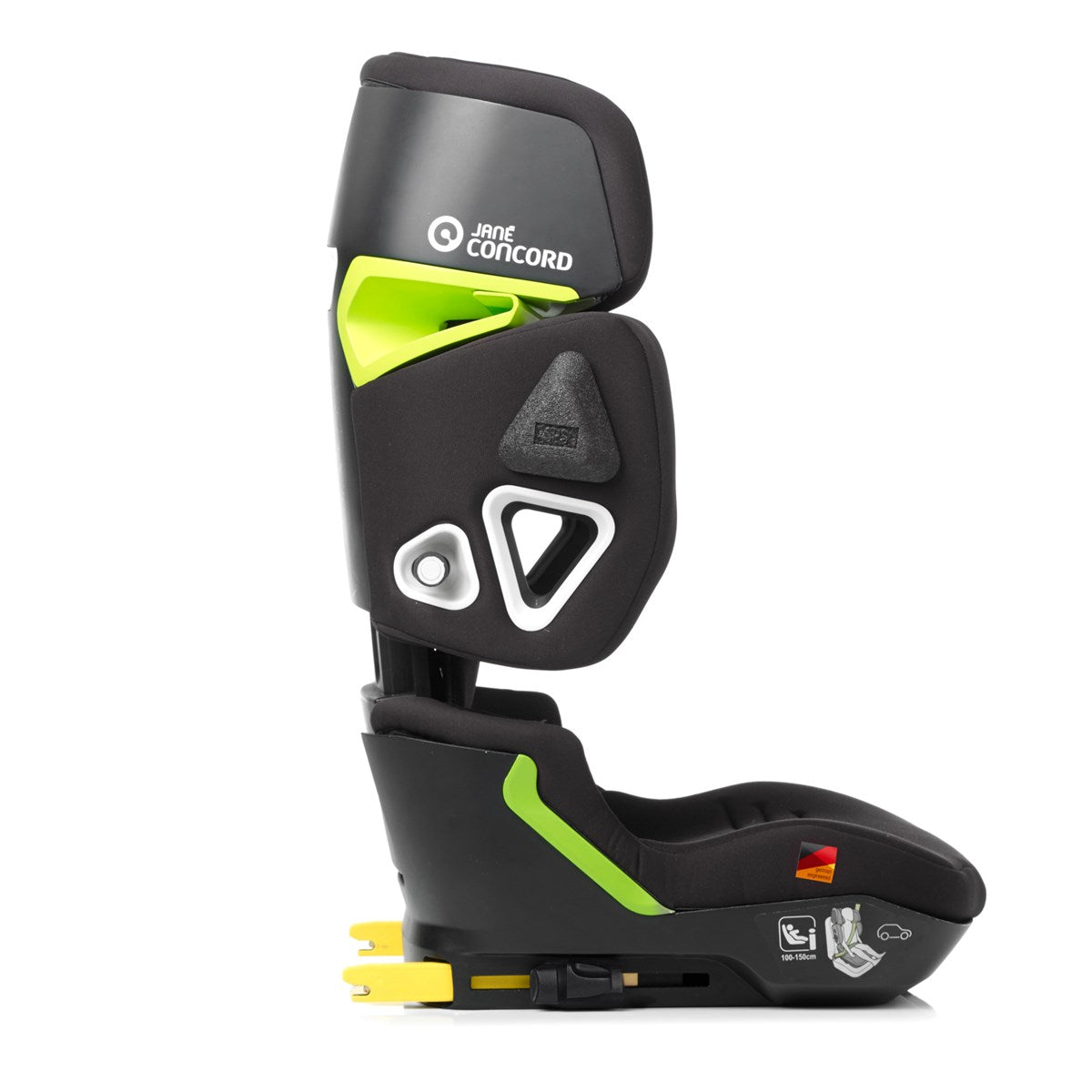 Black and green car seat belt buckle with 'Jane & Concord' branding on a white background