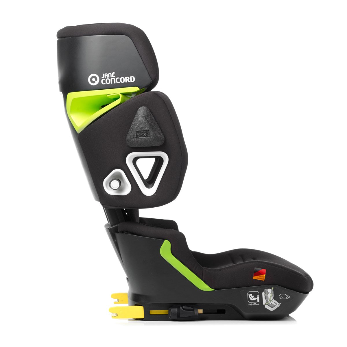 Black and green child car seat with 'John Concord' branding on a white background