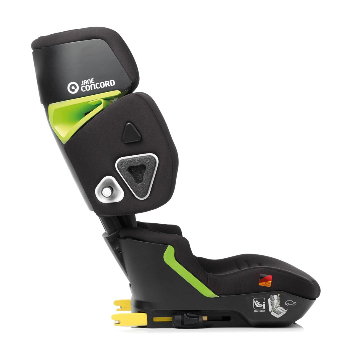 Black and green car seat with visible brand logo on a white background