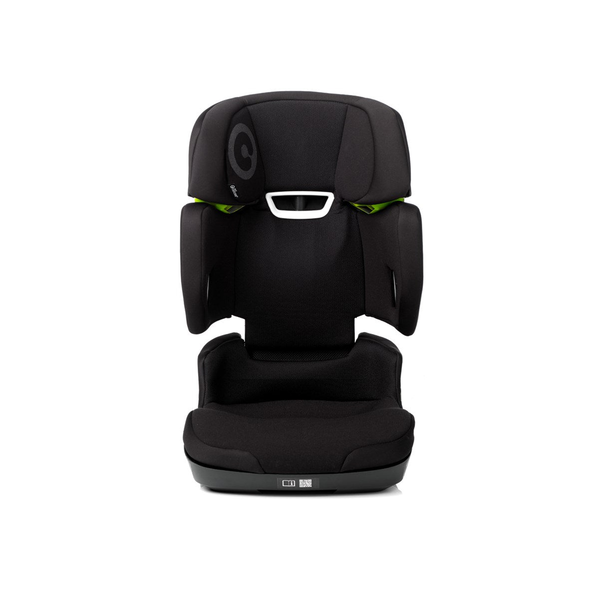 Black child car seat with green accents on a white background