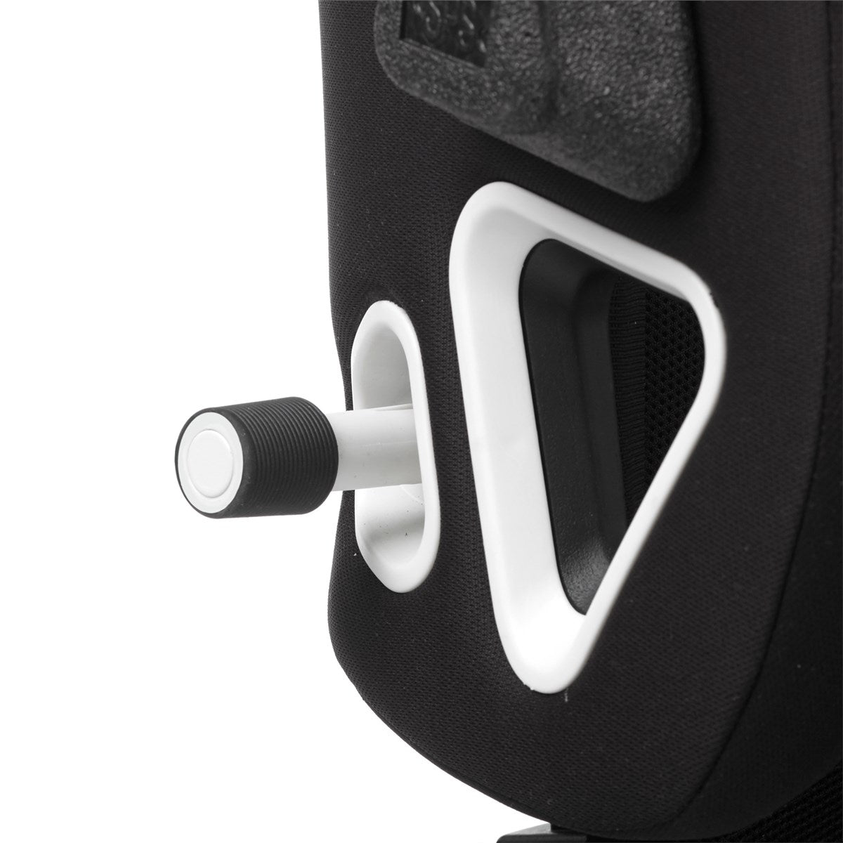 Close-up of a black and white control knob on a car seat with a white background