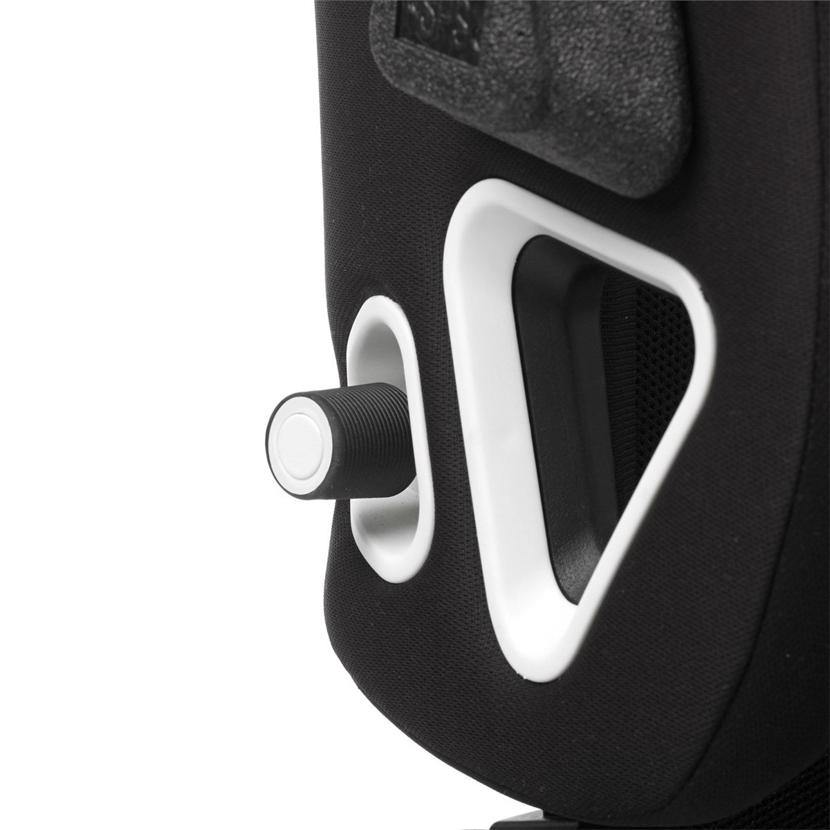 Close-up of a black car seat with a black lever on a white background