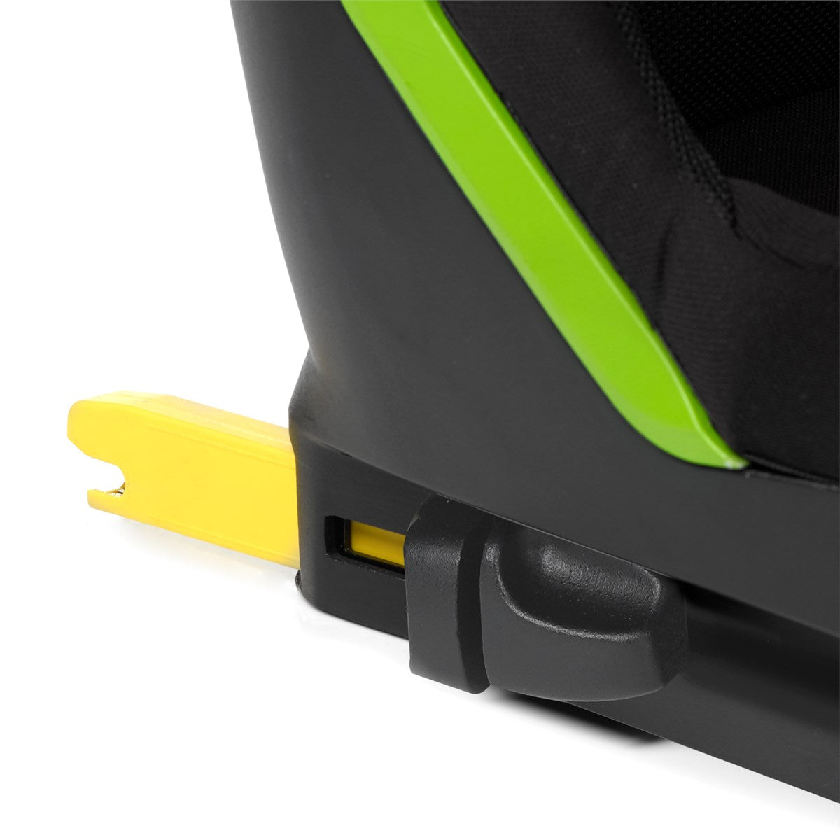 Close-up of a black and green car seat with a yellow clip on a white background