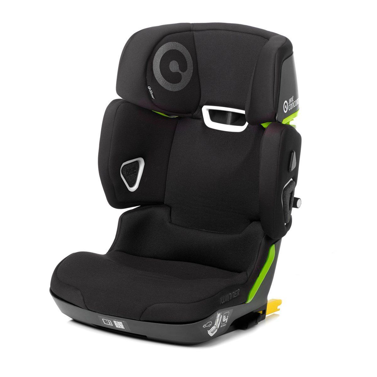 Black and green car seat with visible brand logo on a white background