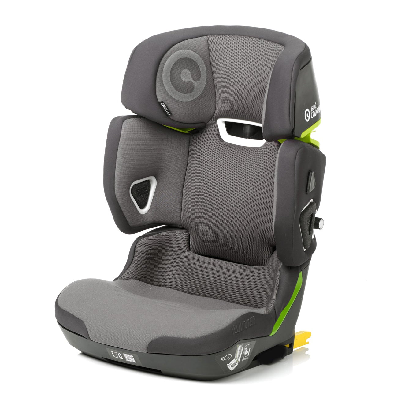 Gray and green child car seat on a white background