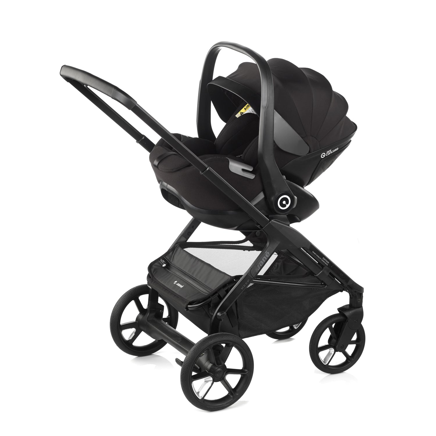 Black stroller and car seat combo on a white background