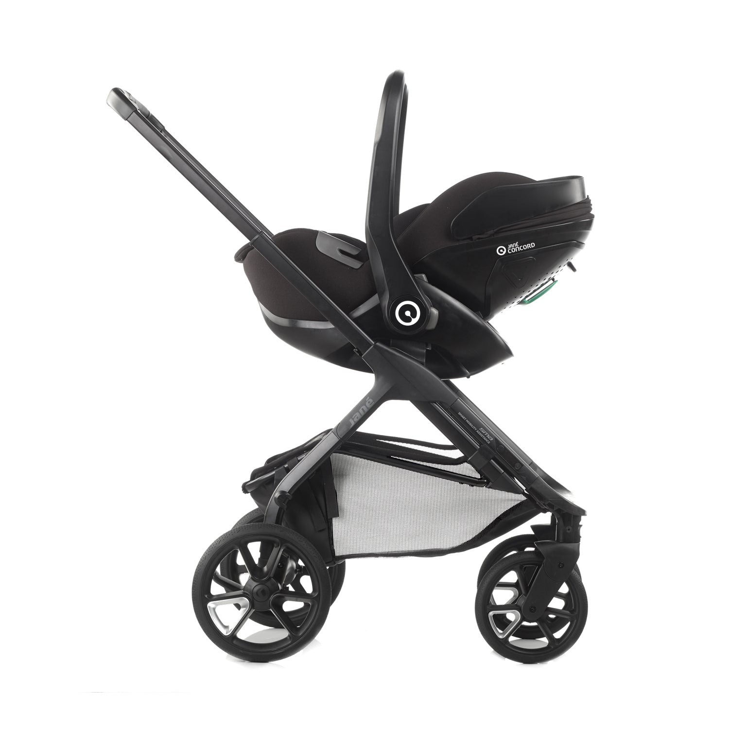 Black baby stroller with car seat attachment on a white background