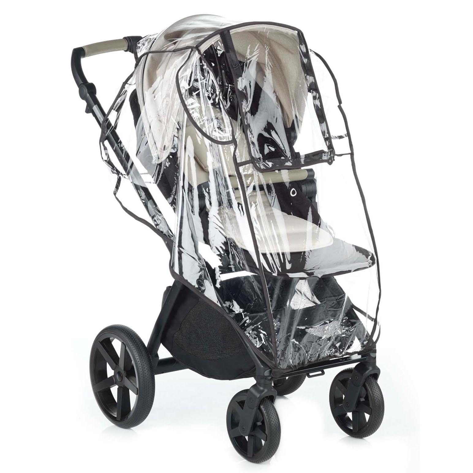 Clear rain cover on a black stroller with visible branding on a white background