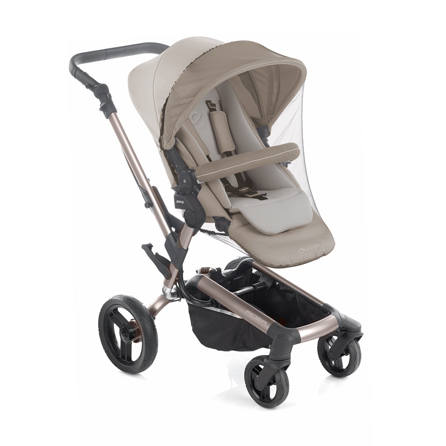 Beige stroller with canopy on a white background