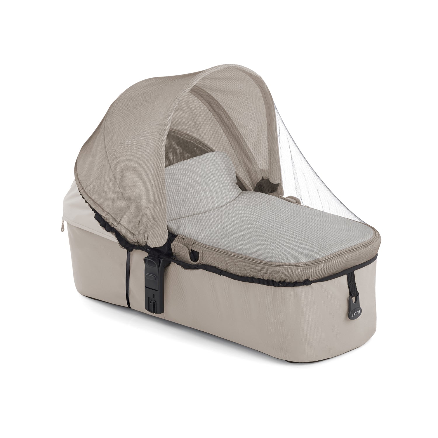 Beige baby bassinet with canopy on a white background