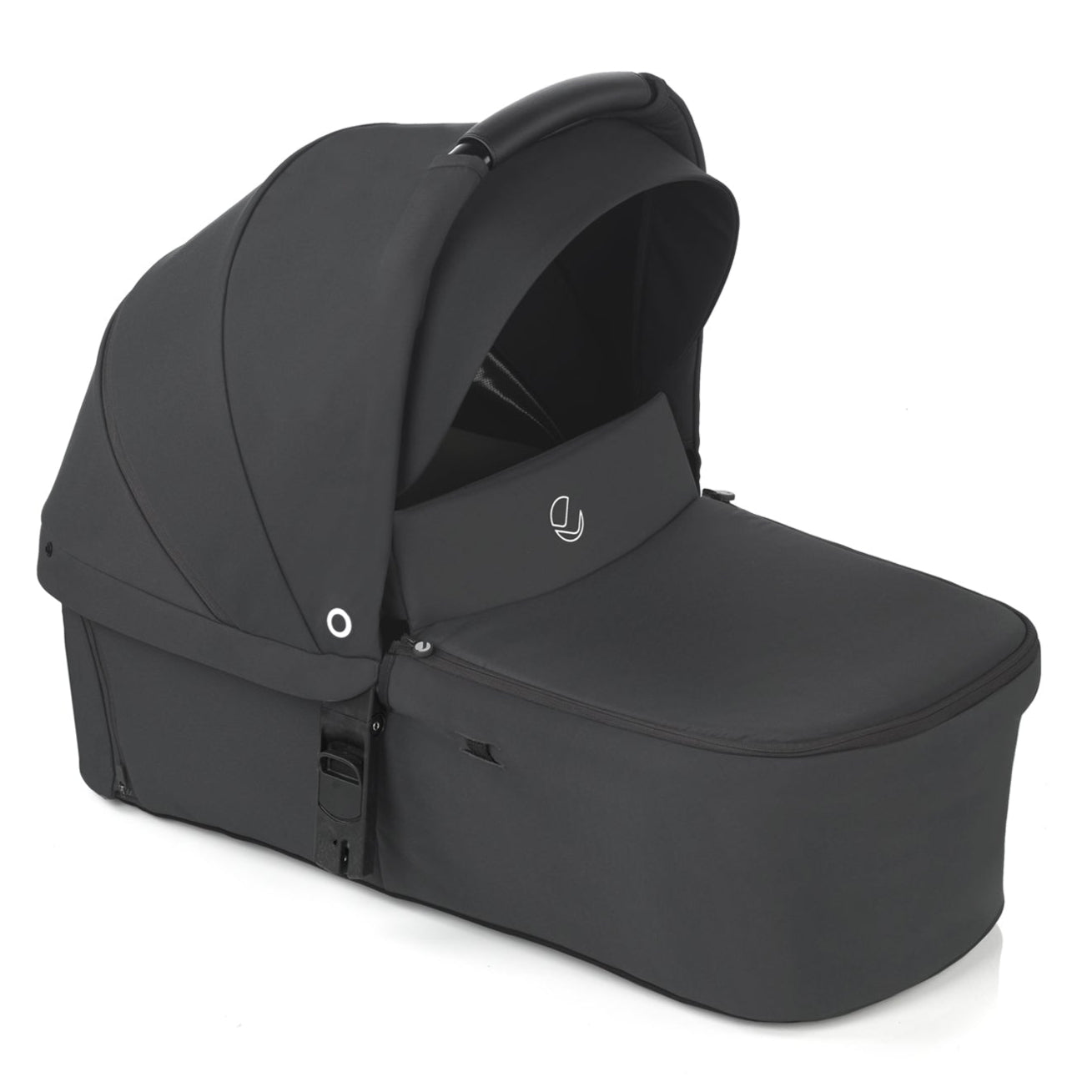 Black baby stroller bassinet on a white background