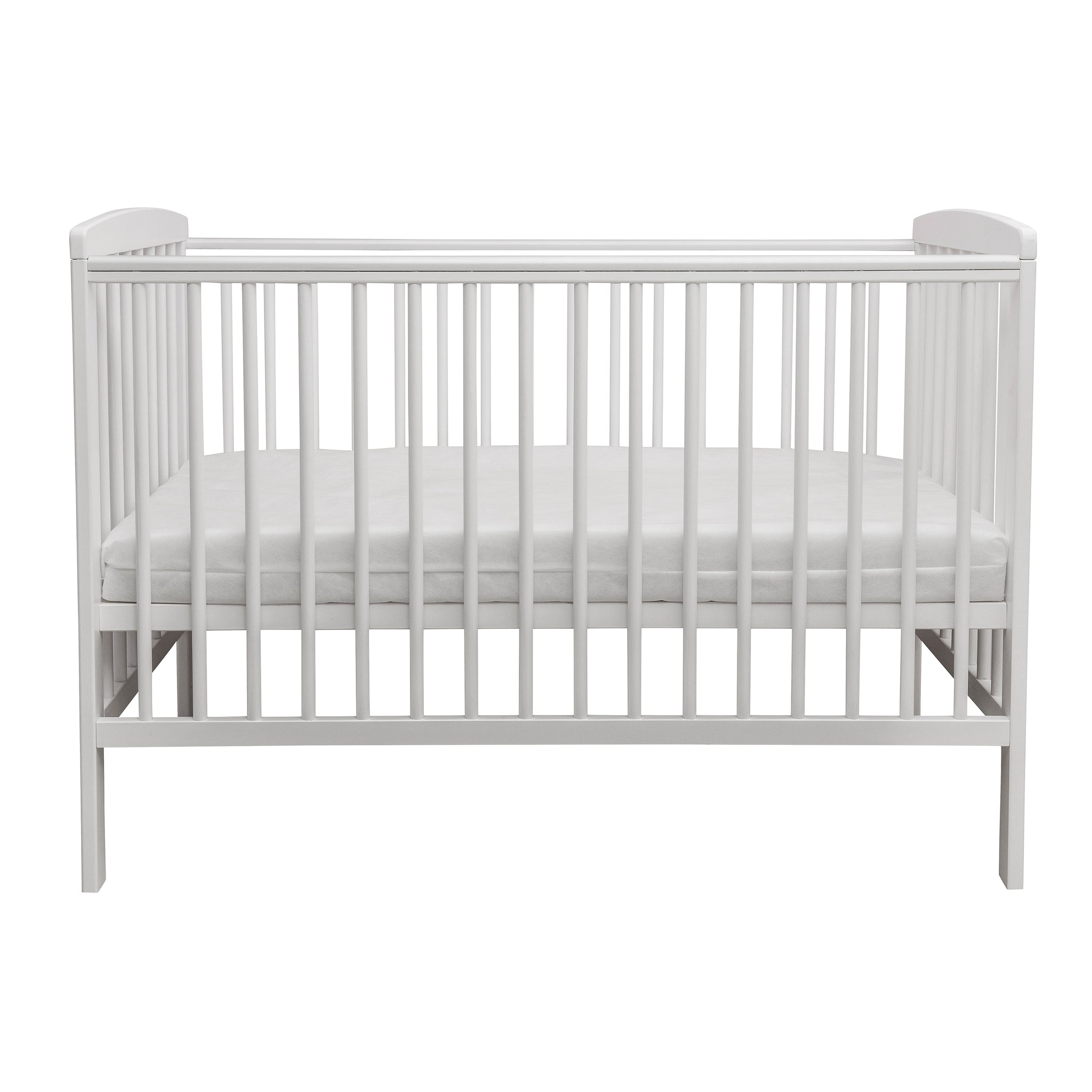 White cot with a white mattress on a white background