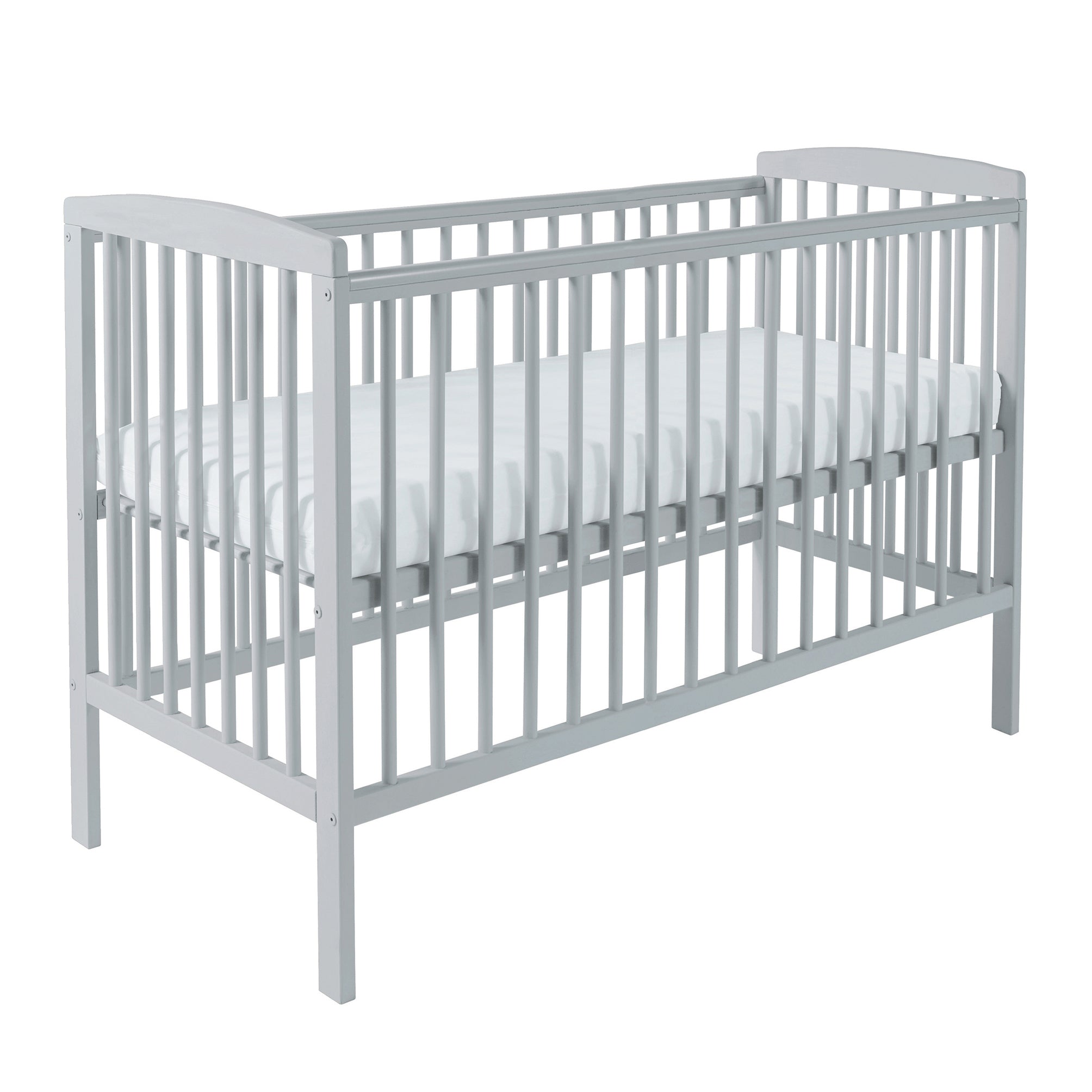 Grey cot with white mattress on a white background