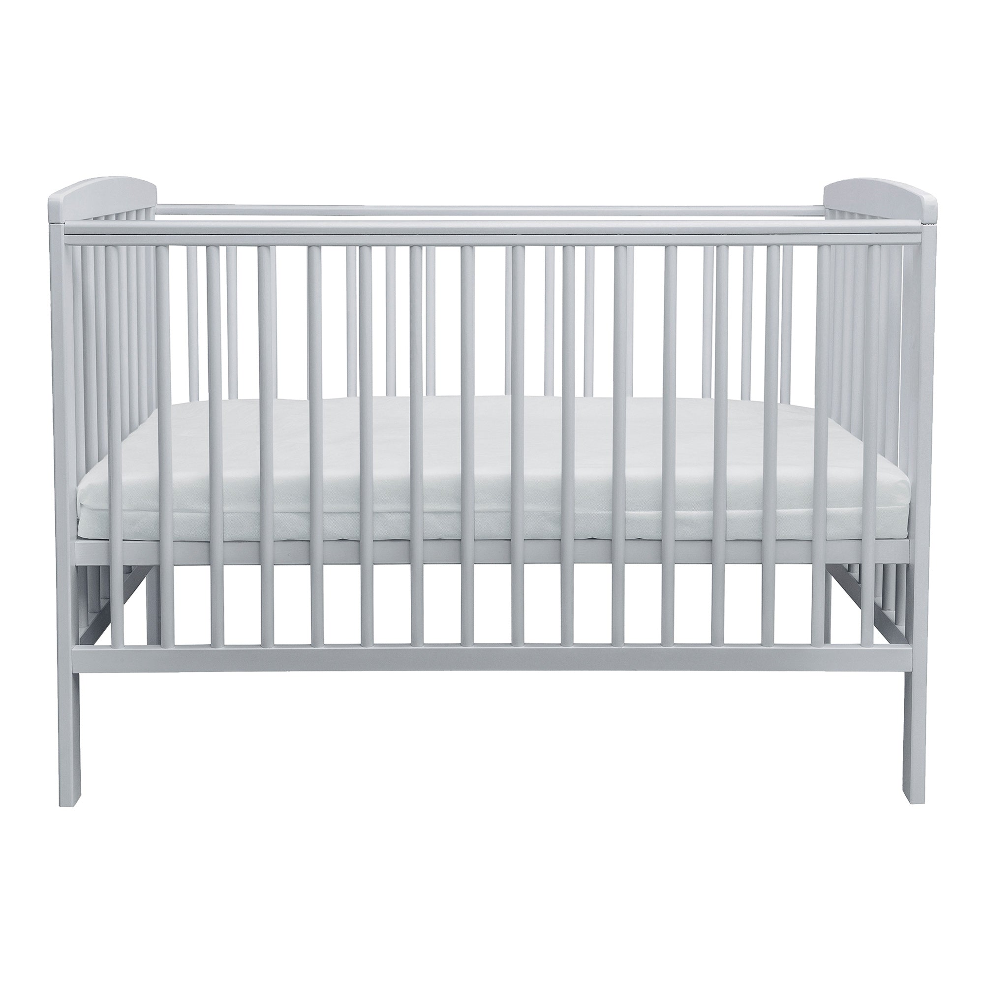 Grey cot with a white mattress on a white background