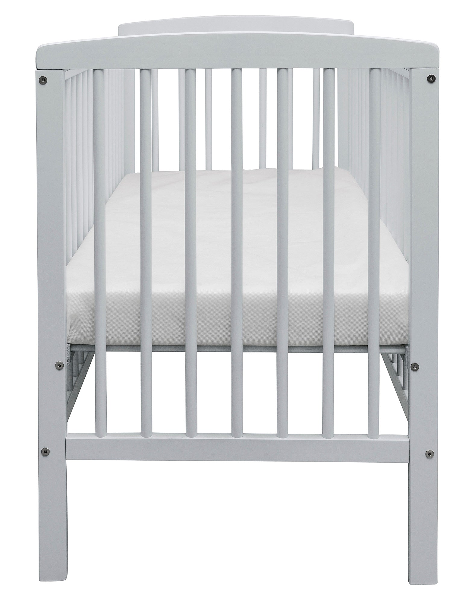 Grey cot with a white mattress on a white background