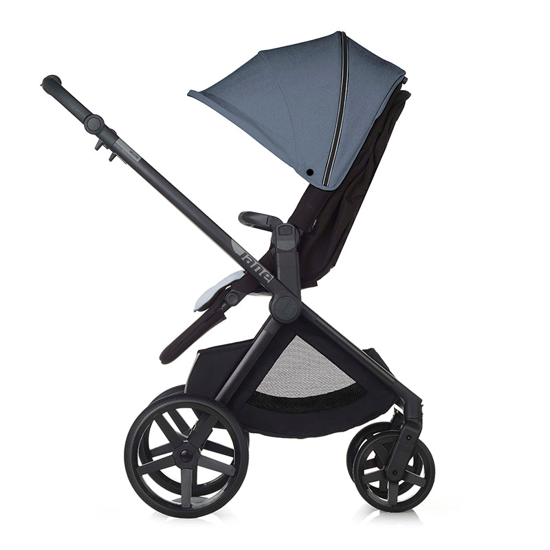 Black and navy stroller on a white background