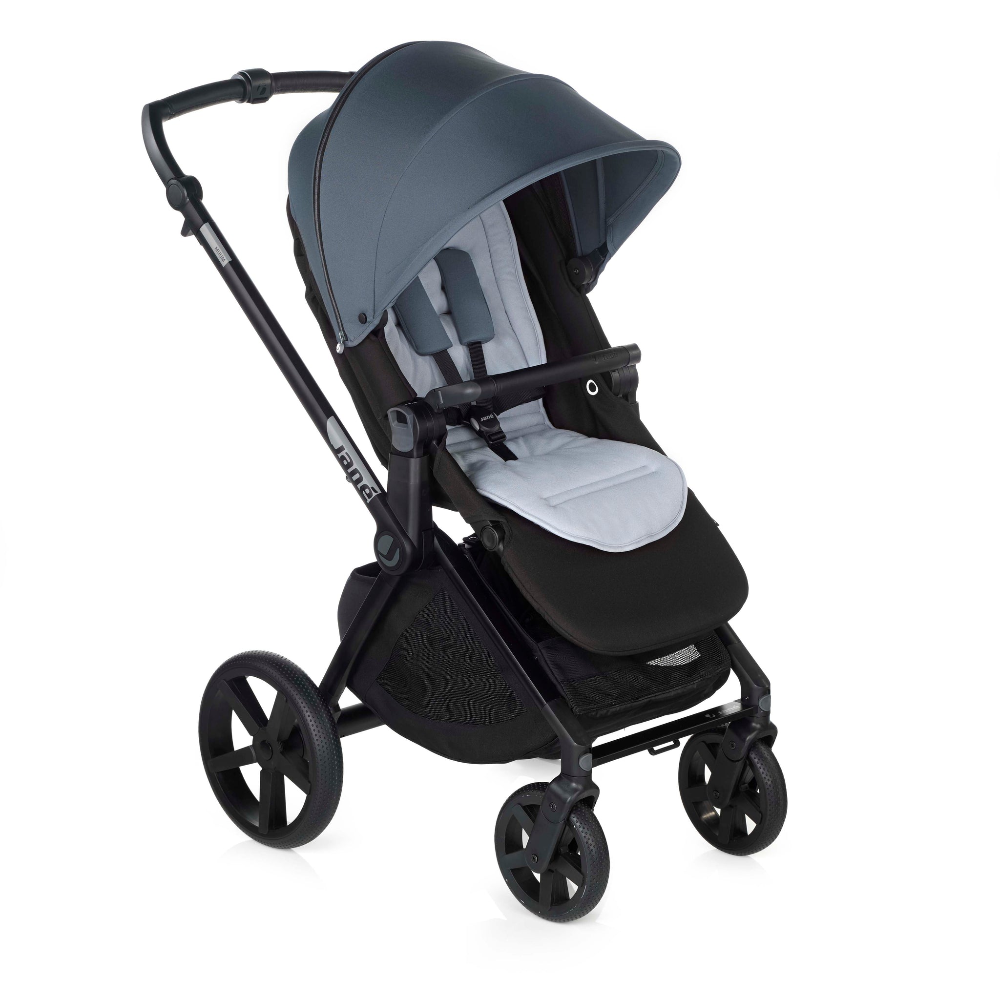 Black and navy stroller on a white background