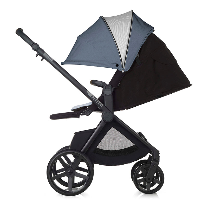 Black stroller with a navy canopy on a white background