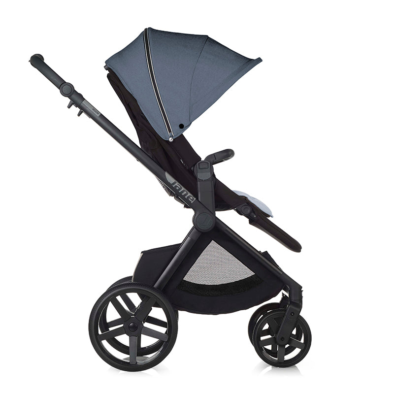 Black and navy stroller on a white background