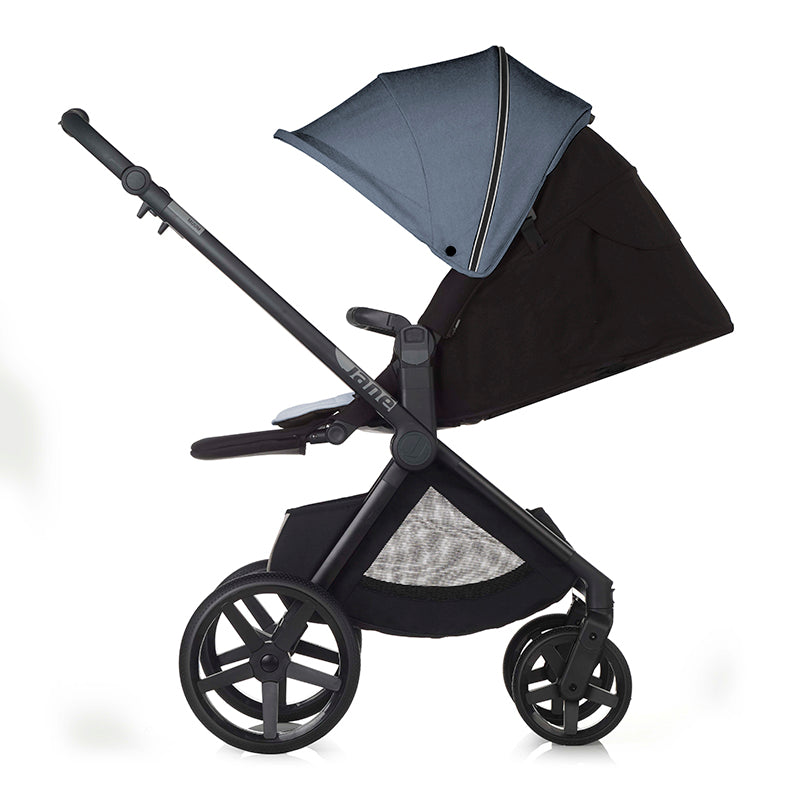 Black and navy stroller on a white background