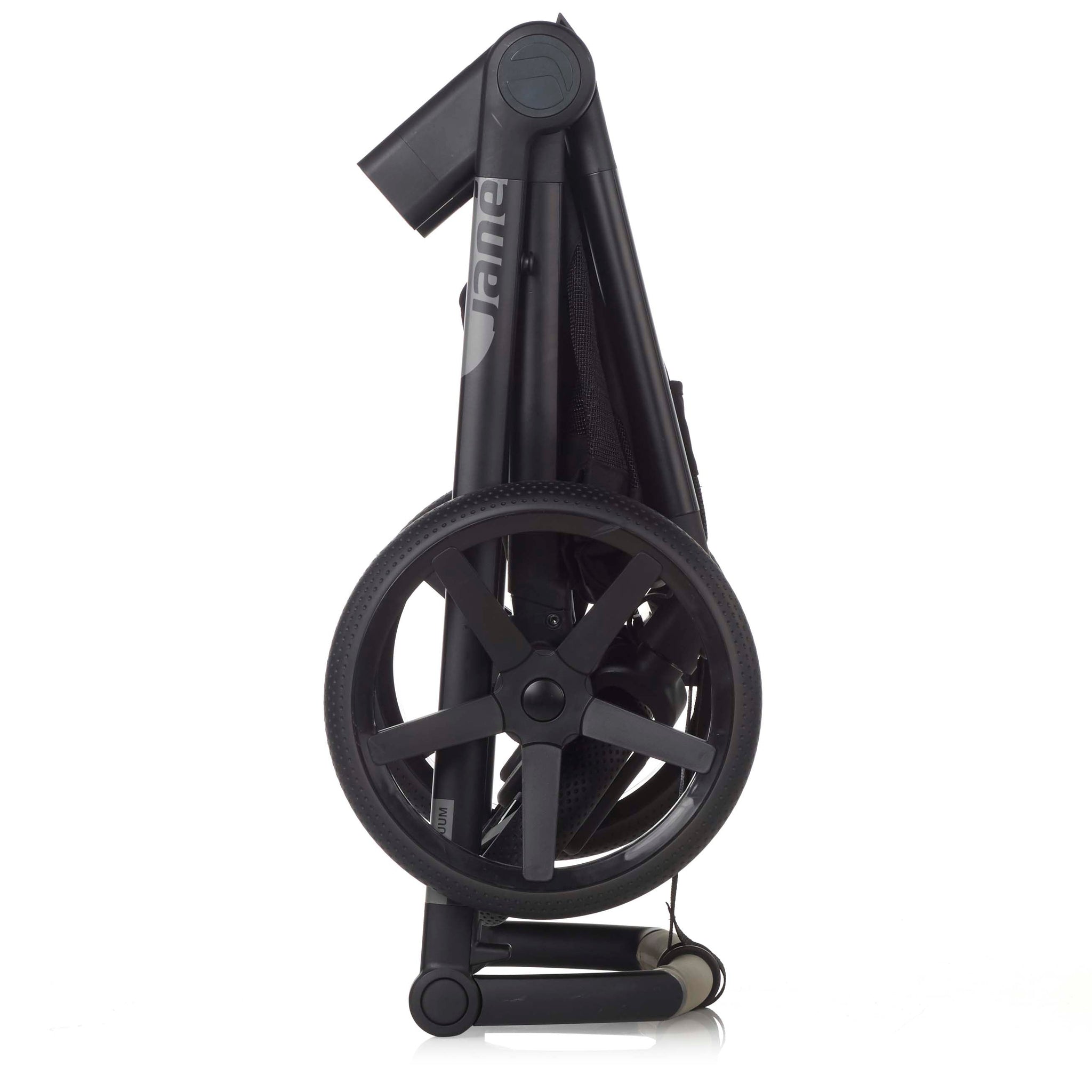 Black folded stroller on a white background