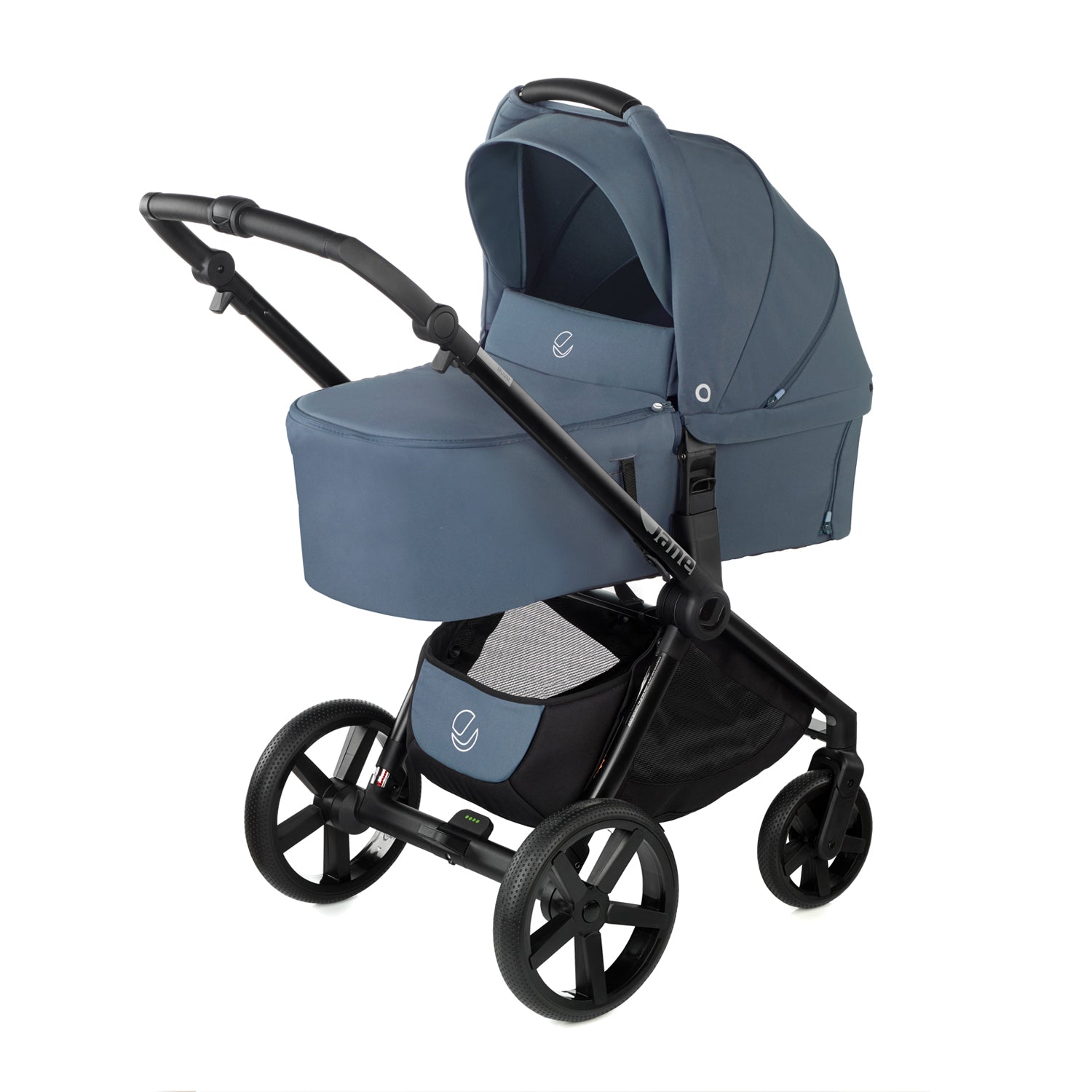 Blue baby stroller with black wheels on a white background