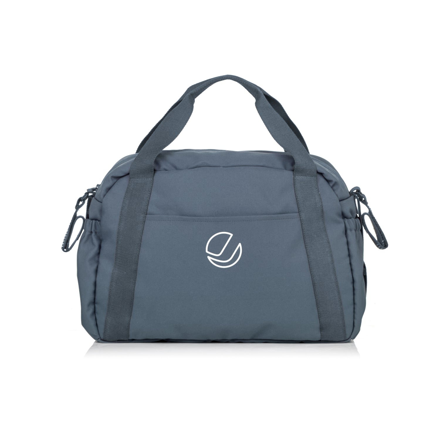 Blue duffel bag with a logo on a white background
