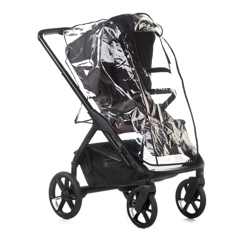 Black stroller with clear rain cover on a white background