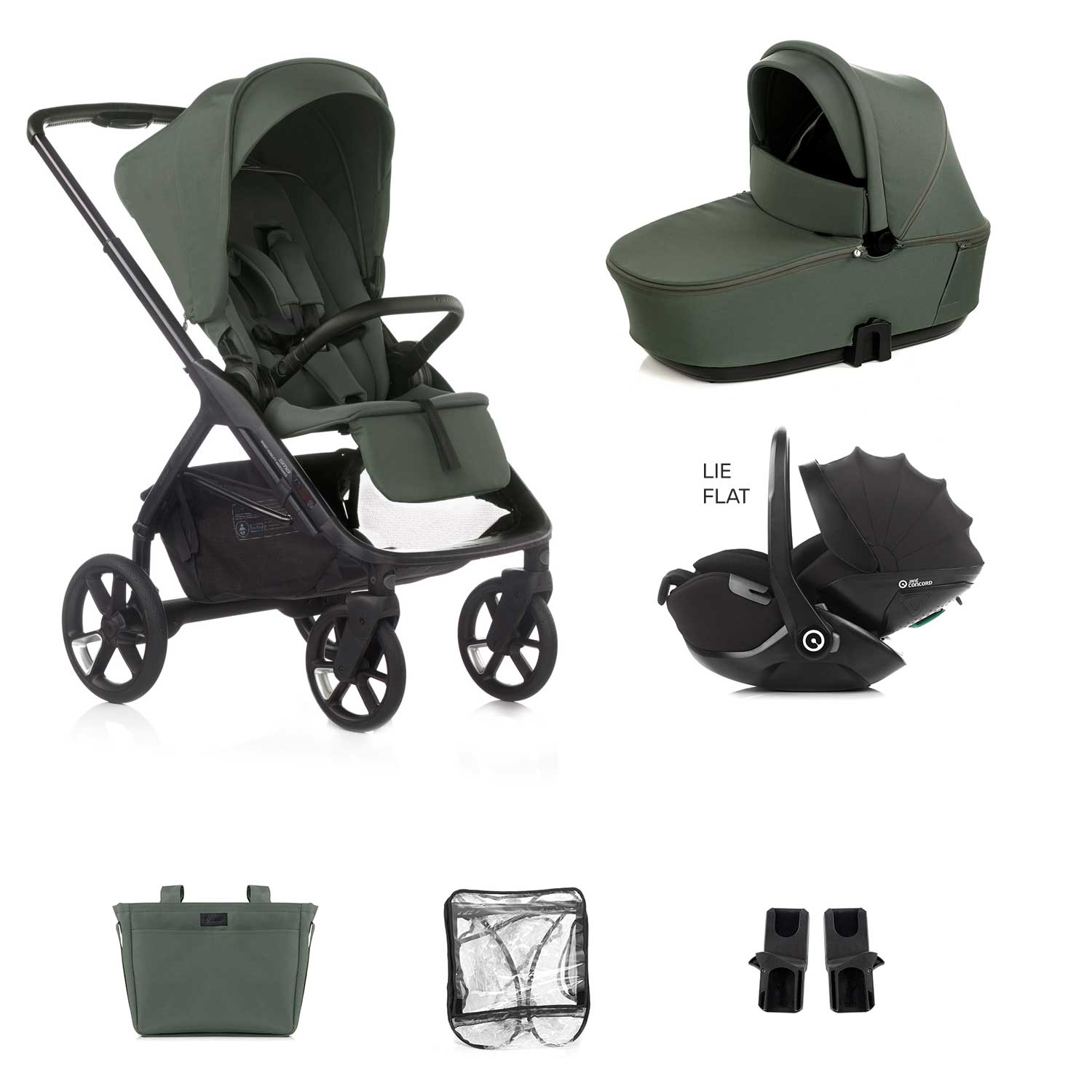 Collage of a grey baby stroller and accessories on a white background