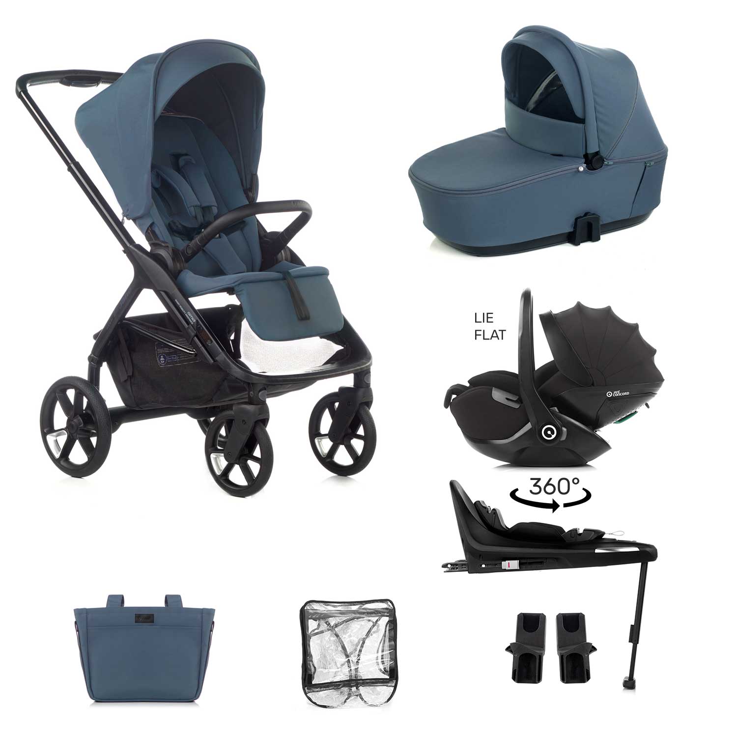 Collage of a blue baby stroller and car seat with various components on a white background.