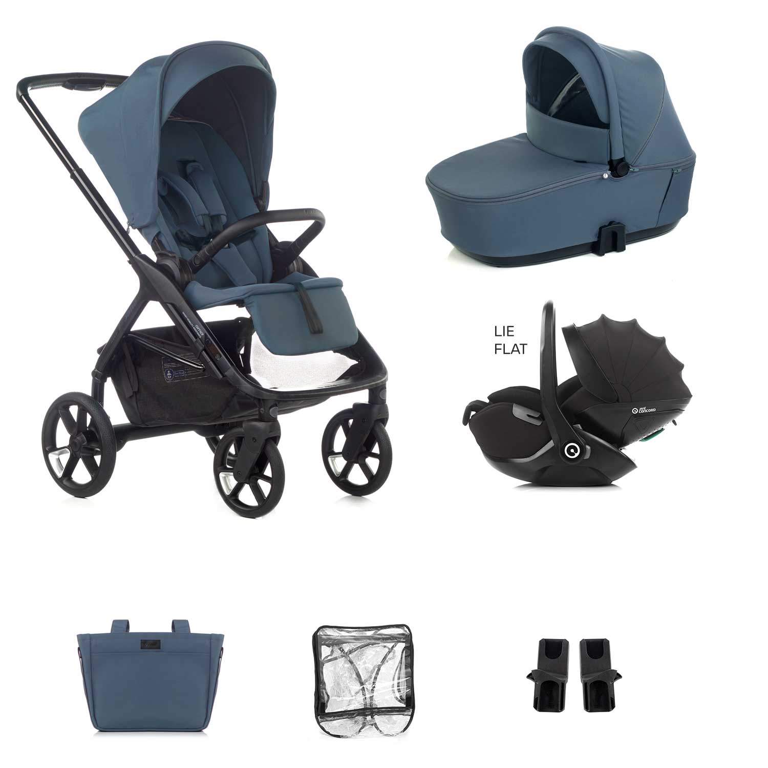Collage of a blue baby stroller and accessories on a white background