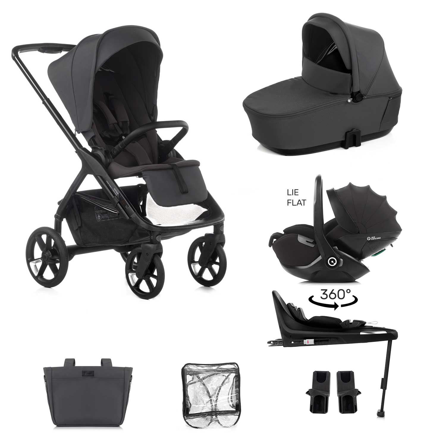 Black baby stroller and car seat set with multiple views on a white background