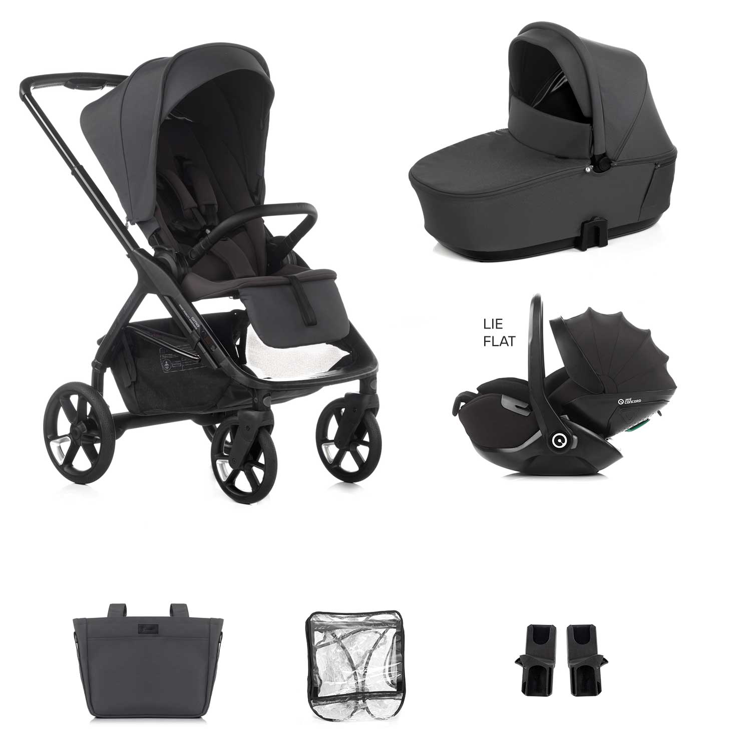 Black stroller and car seat set with accessories on a white background