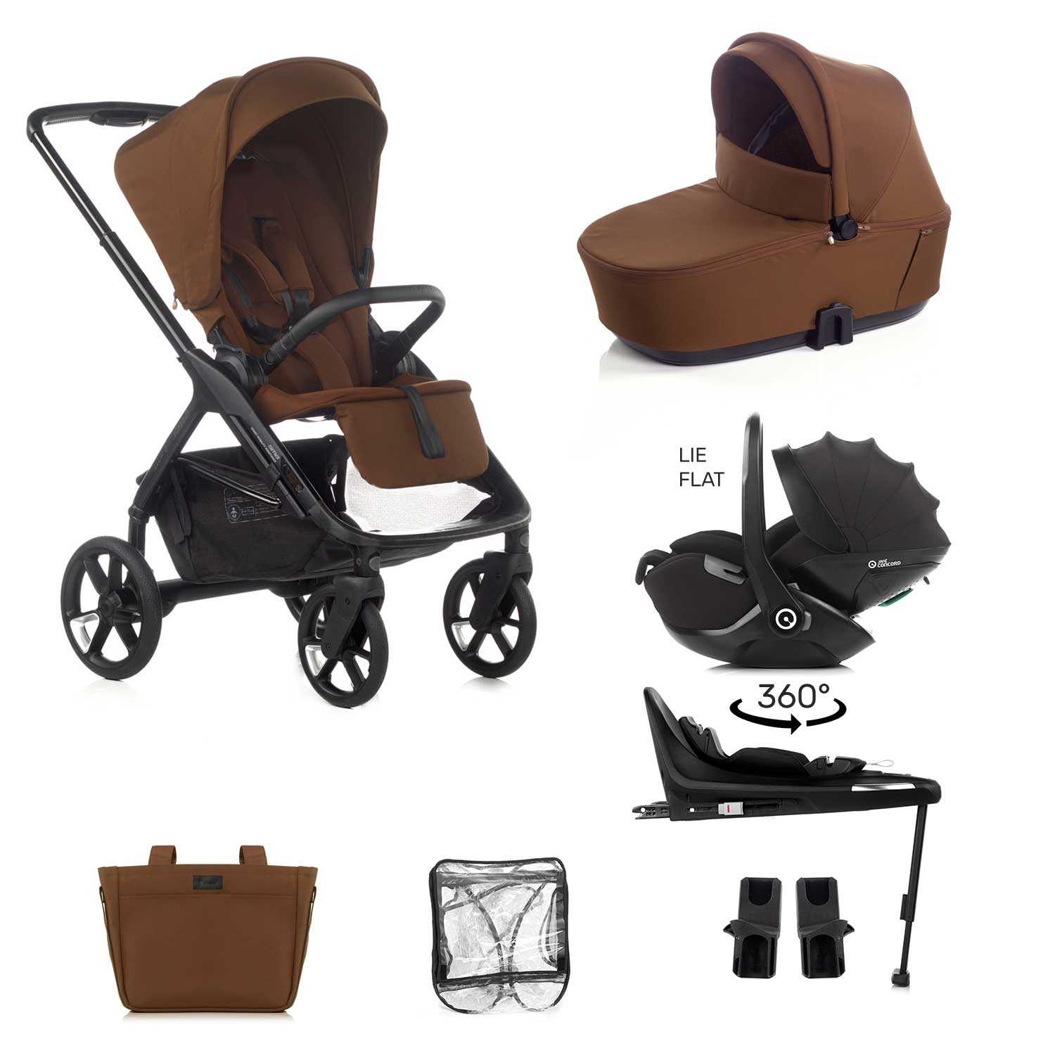 Collage of a brown and black stroller with accessories on a white background