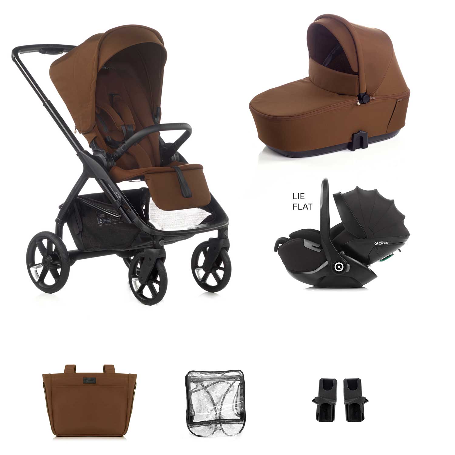 Brown and black stroller set with accessories on a white background