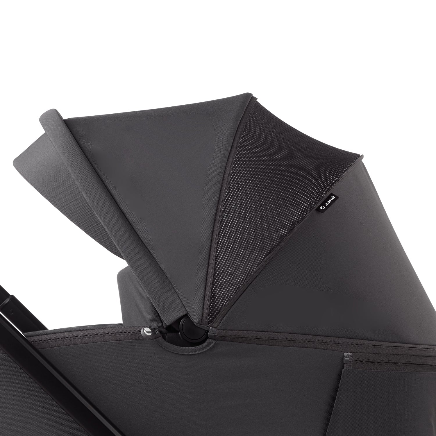 Black stroller canopy with mesh side on a white background