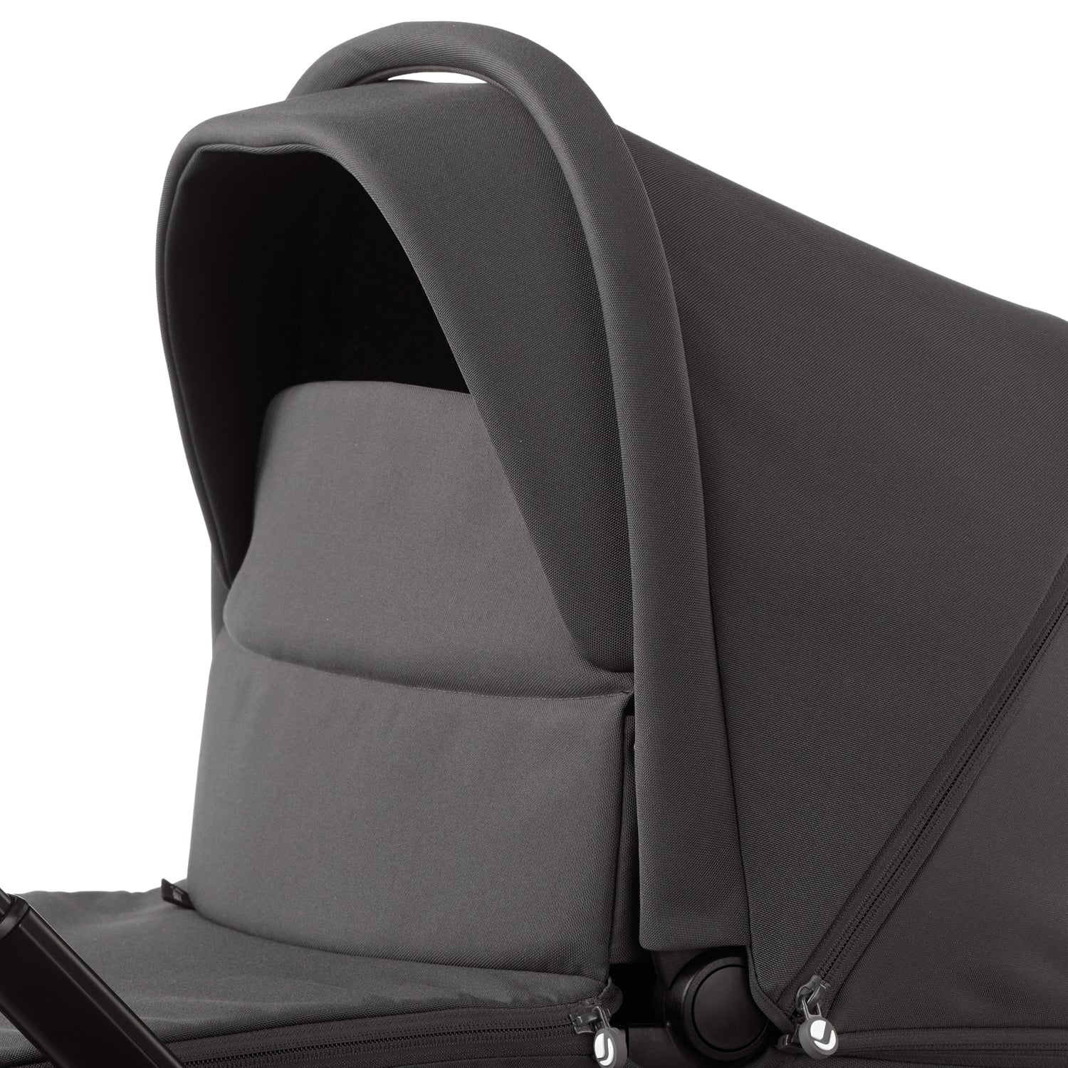 Close-up of a dark gray stroller with a canopy on a white background